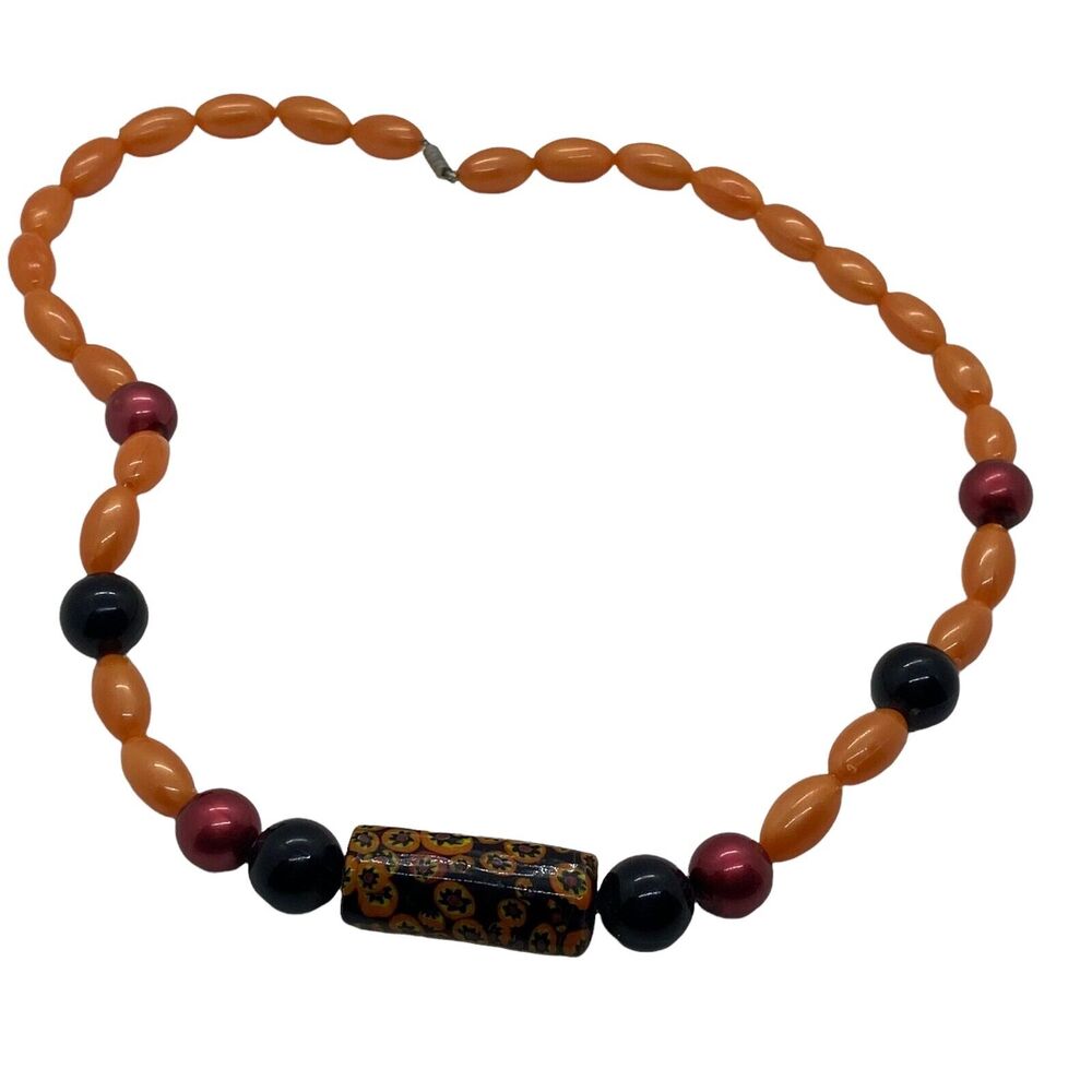 Necklace Orange Vintage Womens Acrylic Ceramic Funky Fun Clasp Beaded 24"